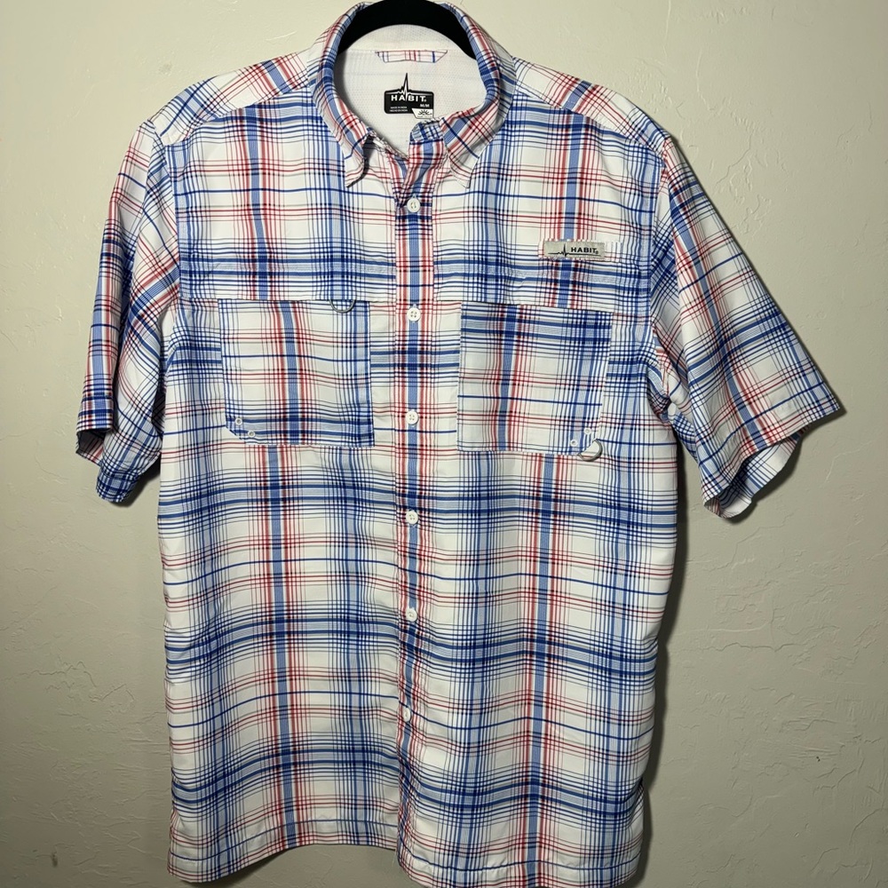 HABIT Mens Medium Red/White/Blue 40+ Solar Factor Outdoor Fishing Shirt